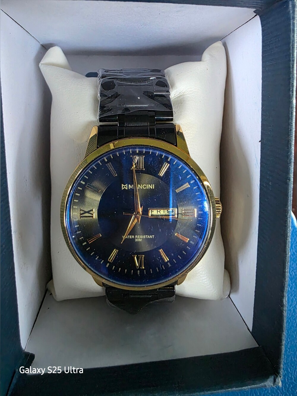 Mancini Men’s Blue Dial Gold Tone Quartz Watch Day/Date 30M Black Bracelet New